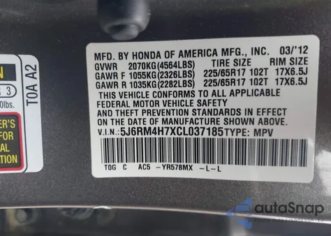 2012 Honda Cr-V Ex-L z USA, uszkodzony, nr VIN 5J6RM4H7XCL037185